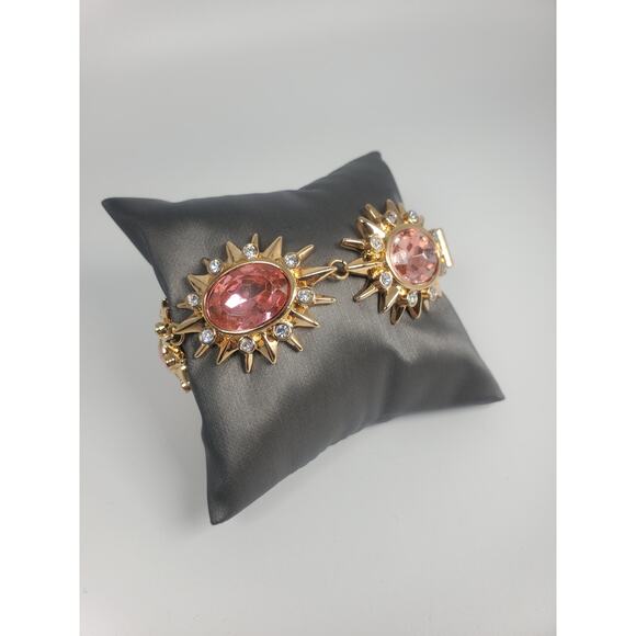 Vtg Hutton Wilkinson Pink Crystal Starburst Gold-Plated Link Bracelet-NIB - Picture 4 of 6